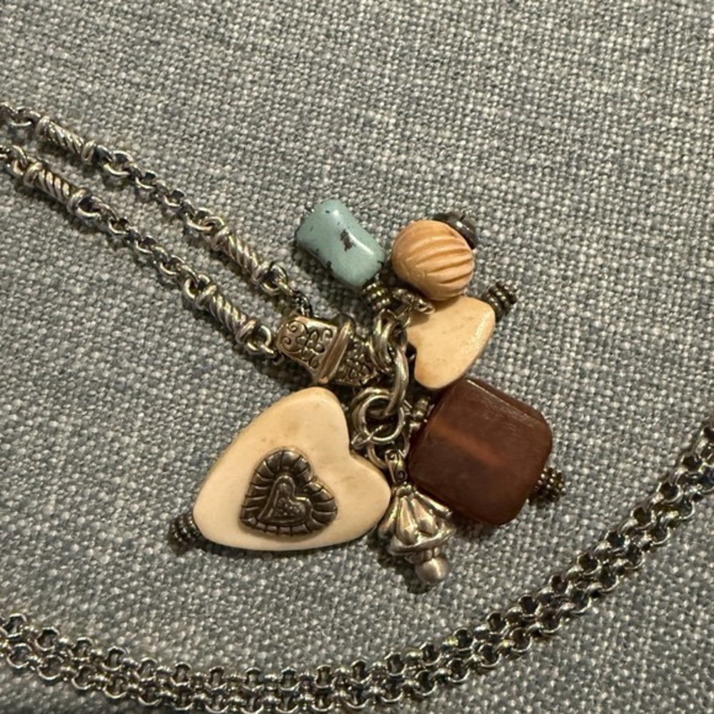 Brighton Necklace Charm Heart Turquoise Stone Dangle Vtg 28" Silver Plated Boho